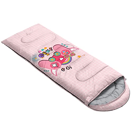 Bolsa de dormir para niños, color rosa con estampado de gamepad, ligera, cálida, portátil, resistente al agua y al frío para camping y senderismo miniatura 2
