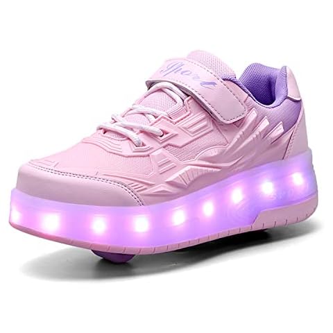 Super kids Girls Boys LED Light up Shoes with Wheels Kids Roller Skates Double Wheel Inline Skates USB Charging Flashing Luminous Trainers Outdoor Gymnastics Skateboarding Shoes, 12 UK Child Cover