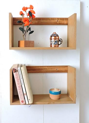 Image of MAYAL Floating Wall Shelves, Wooden Box Design, Set of 2, Natural Wood Finish