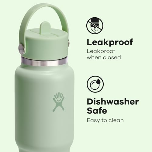 Hydro Flask Travel Water Bottle - Insulated Stainless Steel - Wide Straw Lid, Non Spill, Leakproof in 32 Oz Aloe Green