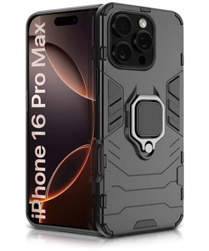 Image of WOW IMAGINE Shock Proof Back Case Mobile Cover for iPhone 16 Pro Max | Back Cover Case (Tough Armor | Hybrid PC + TPU | Ring Holder & in-Built Kickstand | Black)