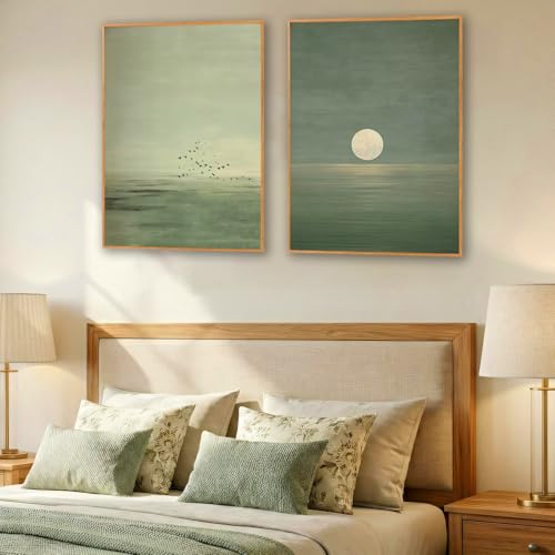 2Pcs Japanese Sage Green Wall Art Minimalist Moon and Bird 12X16in Unframed - image 8