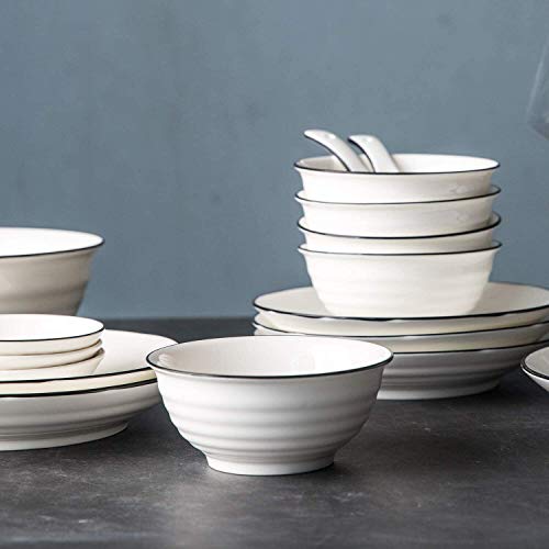 30 Pieces Dinnerware Set, Ceramic Kitchen Dinner Set Service for 6 People, Round Crockery with Bowls, Dinner Plates,Side Plates, Dip Bowls, Chopsticks (White)