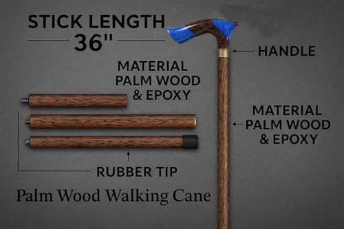 Image of Handmade Palm Wood Walking Stick with Epoxy Resin Handle - 36 Inch Solid Wooden Cane for Men & Women | Strong, Stylish & Comfortable Support for Daily Use