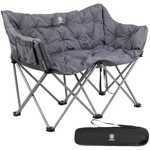 EVER ADVANCED Double Camping Chair for Adults, Padded Folding Camping Love Seat Bench with Side Pocket Portable Camping Couch, Two Person Heavy Duty Folding Outdoor Chair with Cushion,Support 600lbs Cover