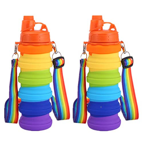 2PCS Regenbogen Faltbare Wasserflasche Spring Water Bottle Silikon Zusammenklappbar Sport-Wasserflaschen Paar Kinder Trinkflasche Sport für Outdoor, Reisen, Radfahren, Wandern Cover