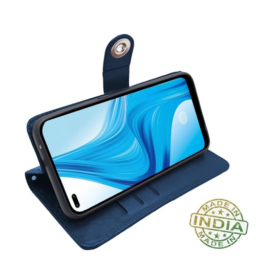 Image of Pikkme Oppo F17 Pro Flip Cover Leather Finish | Inside TPU with Card Pockets | Wallet Stand and Shock Proof | Complete Protection Button Flip Case (Blue)
