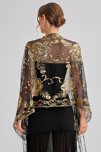Image of BABEYOND 1920s Sequined Shawl Wraps for Women Fringed Evening Cape Wedding Bridal Shawl Scarf for Evening Dresses Party