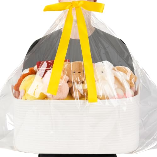 Image of OIASKET XXL Large Empty Cotton Rope Gift Basket with Handles, 20.1 inchx14.6 inchx8.7 inch Decorative Woven Storage Basket with Gift Bag and Ribbon Set for Baby Shower, Toy Organizer for Kids, Dogs & Cats - White