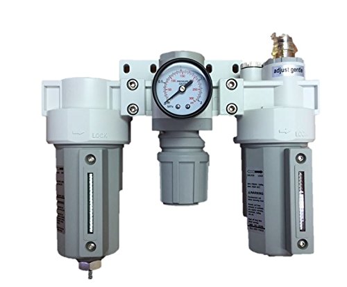 Three-Unit Combo Compressed Air Filter Regulator Lubricator FRL, Air Preparation Unit 1/2" NPT Manual Drain Metal Bowl 10 Micron with Gauge