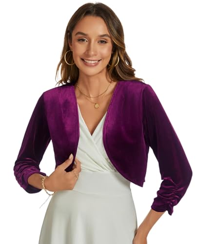 Image of Womens Velvet Bolero Shrug Elegant Open Front Ruched 3 /4 Sleeve Cocktail Party Cropped Cardigan