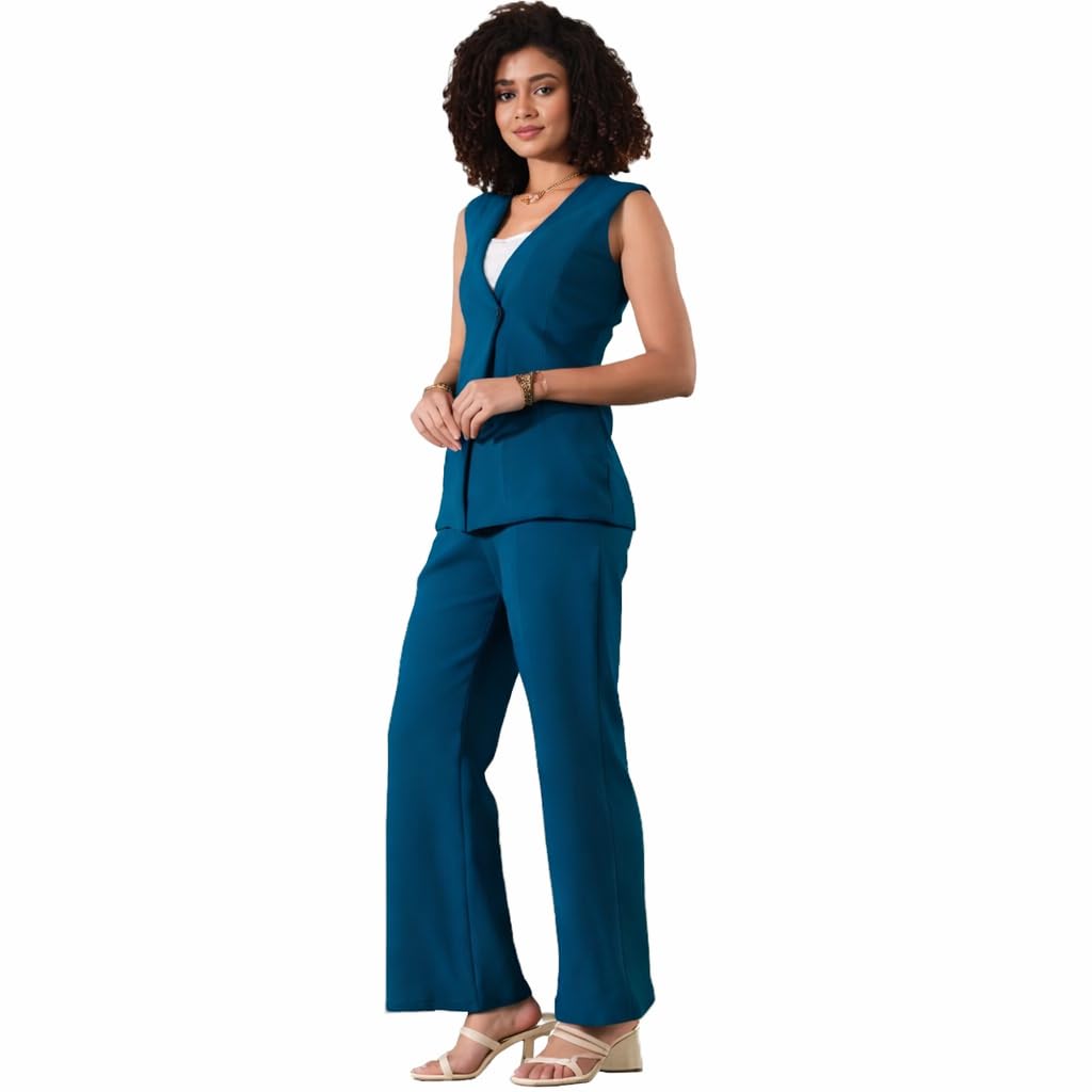 Women’s Sleeveless Blazer with Trousers Co-Ord Set | Lycra Polyester Fabric | V Neck Formal Suit | Regular Fit | Stylish Office and Professional Wear-image-42