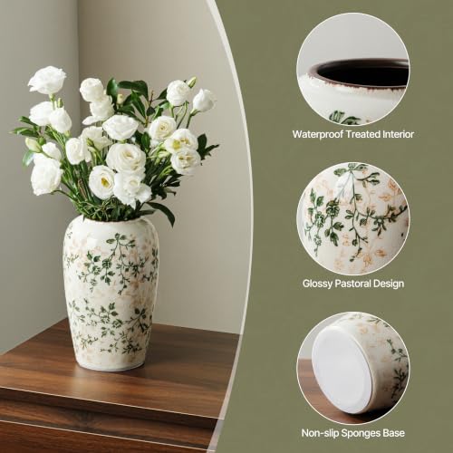 Image of Ceramic Flower Vase | Farmhouse Green Rustic Vase for Home Decor, Vintage Floral Pottery Tuscan Decorative Vase for Living Room & Kitchen, Mantel & Bookshelf, Centerpieces, Entryway, Wedding(8.5 Inch)