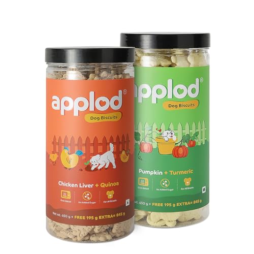 Image of Chicken Liver with Quinoa & Pumpkin with Turmeric Dog Biscuits Combo for Puppies & Adult Dogs, All Breeds | Oven-Baked Crunchy Dog Treats & Biscuits | Pack of 2 Flavours | 845g x 2
