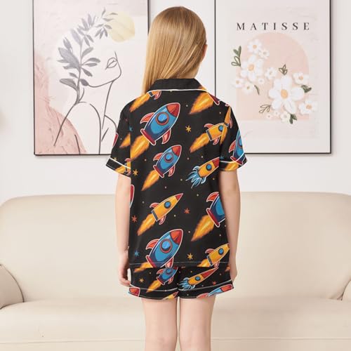 ALAZA Cartoon Star Spaceship Black Pajamas Satin Pajama Set Short Sleeve Button Down Sleepwear4