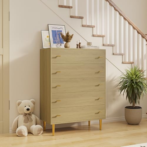 Farmhouse 5 Drawers Dresser for Bedroom, 44 in Tall Natural Dresser Wood Rustic Chest of Drawers with Large Drawers & Bar Handles,Natural Texture,Draw