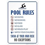 Pool Sign - Swimming Pool Rule Sign - 14 x10 Blue, Red, Black on White Rust Free Aluminum Sign