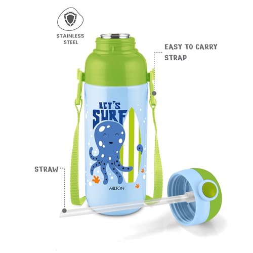 Image of Milton Steel Indus 600 Thermoware PU Insulated, 500 ml Water Bottle with Straw for Kids, Leak Proof Flip Top Sipper Lid Bottle, School, Picnic, Easy to Carry Belt, Sky Blue