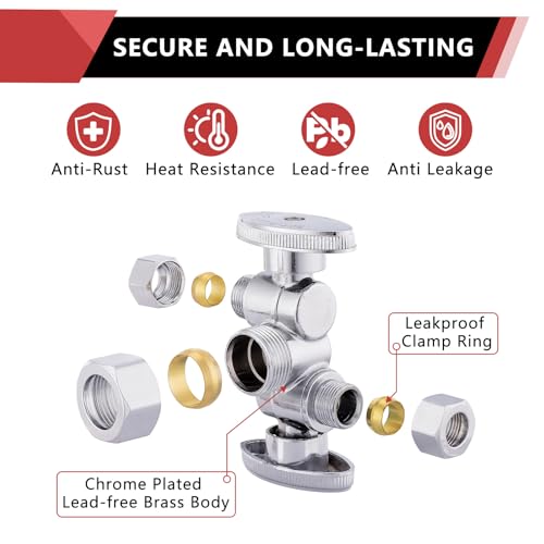 1/4 Turn Dual Compression Outlet Angle Stop Valve with 2 Shut Off Valve/Handles, 1/2" NOM (5/8" OD) x (3/8 inch x 3/8 inch) Chrome,(VALVE134)