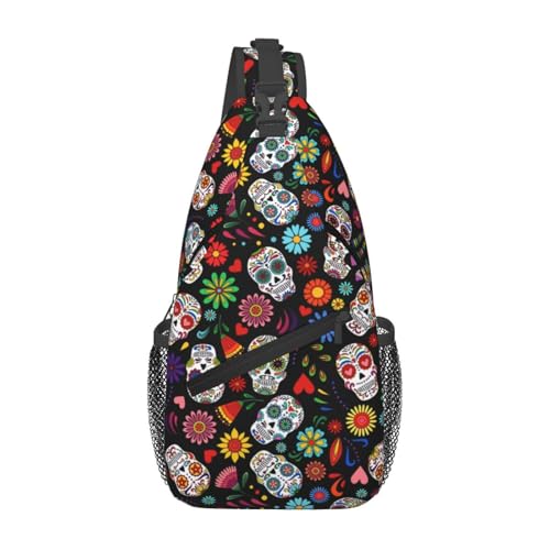 Krirteh Sugar Skull Crossbody Sling Bag For Women Men Fashion Halloween Chest Bag Shoulder Bag Sling Backpack Travel Hiking Casual Sport Daypack