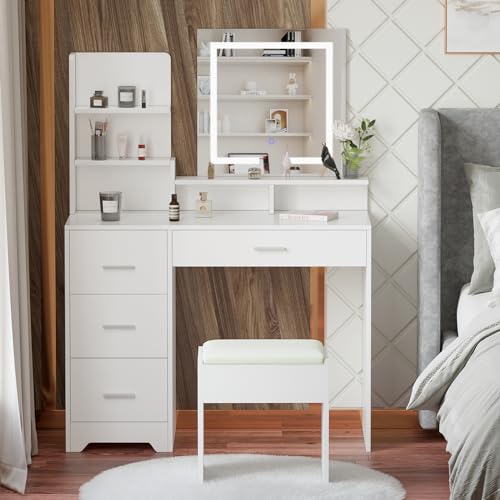 Tocador con espejo y taburete, moderno juego de mesa de tocador con espejo LED desmontable de 3 colores, 4 cajones y 5 estantes, juego de tocador blanco para dormitorio, tocador de cosméticos para