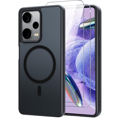 Pnakqil Funda Magnética para Xiaomi Redmi Note 12 Pro 5G con 2 Piezas Cristal Templado, Compatible con magSafe Carcasa Translúcida Mate Trasera Fina Antigolpes para Xiaomi Redmi Note 12 Pro 5G,Negro