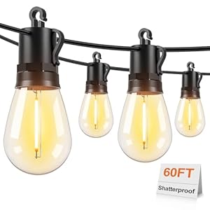 Brightever LED Outdoor String Lights, 60FT Patio Lights with 17 Shatterproof S14 Vintage Edison Bulbs(1 Spare), Outside Hanging Light Waterproof for Porch, Garden, Deck, Backyard, 2700K Dimmable