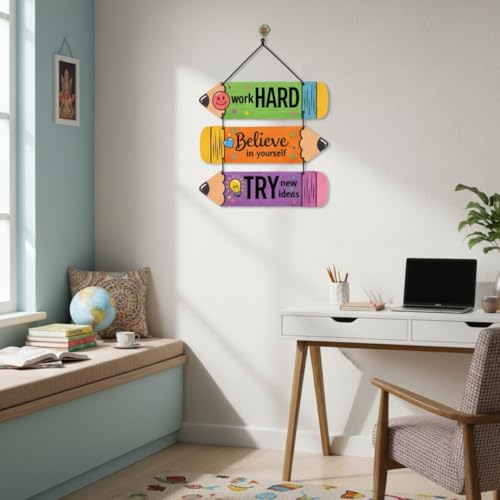 Image of Motivational Wooden Wall Hanging Quotes - Work Hard, Believe in Yourself, Try New Ideas | Colourful Pencil Design MDF Inspirational Wall Decor for Kids Room, Study & Office