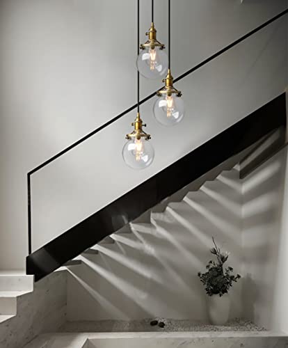 Image of Phansthy 3-Light Cluster Pendant Light, Antique Brass Chandelier with 5.9 inch Globe Glass Shade, Foyer Chandeliers Entryway High Ceiling Staircase Lights (Antique)