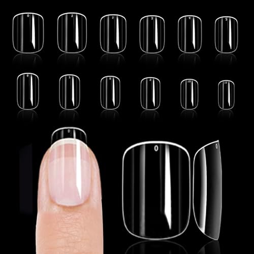 Short Square Nail Tips, 288Pcs Soft Gel Pre Filed Acrylic Almond Fake Nails, Gel Nail Tips, for Extension Manicure Salon DIY at Home 12 Sizes