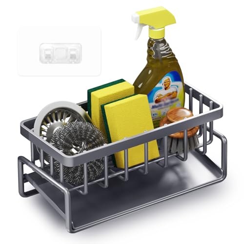 Mulaibdin Organizador Fregadero Cocina, Porta Estropajos Fregadero con Ganchos y Toallero, Soporte Esponja Fregadero Acero Inoxidable para Cocina y Baño, Vaciado Automático(Griso)