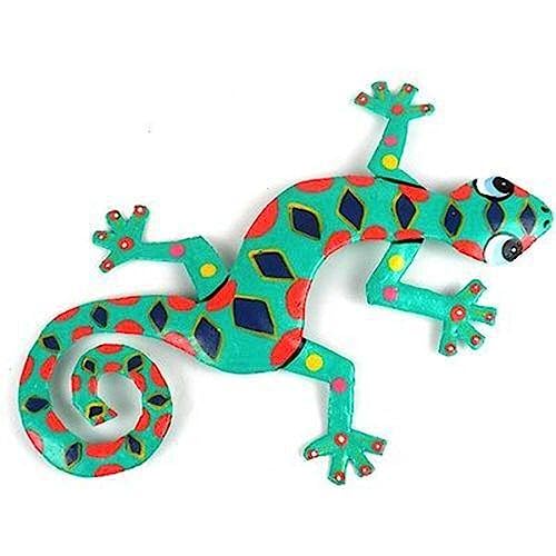 Global Crafts - Painted Gecko Metal Wall Art - 8" Blue Green Spotted Recycled Haitian Decor