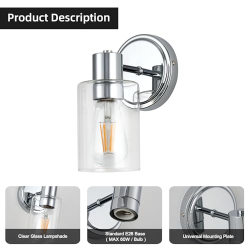 Image of 2 Light Bathroom Wall Sconce Light Fixtures with Clear Glass Bathroom Wall Lights Over Mirror Vanity Lights Chrome with E26 Base