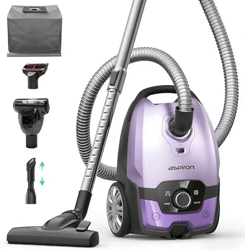 Aspiron Canister Vacuum,1700W/45KPA Bagged Vacuum Cleaner,5L Large Capacity,Auto Cord Rewind,HEPA Filter,Low Noise,8M Cleaning Radius,Variable Power Control,Easy to Push,Hard Floor,Pet,Carpet