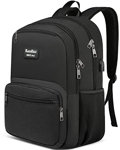 Kuosdaz Black Backpack for Women Men, Large 17.3 Inch College Laptop Bookbag with USB Charging Port, Water Resistant Anti Theft Business Work Bag, Computer Backpack Casual Daypack, Black