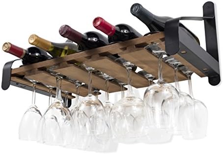 Rustic State Barrel Wall Mount Wood Floating Wine Rack with Glassware Holder Stemware Shelf Organizer for 5 Bottle and up to 15 Glass Storage - Kitchen Dining Room Bar Décor - Walnut