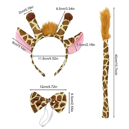 SKHAOVS 3 Stück Giraffe Kostüm Set, Tier-Stirnband Mit Ohr-Schwanz-Fliege, Tier Kostüm, Tierstirnband Für Kinder, Giraffen Kostüm Kinder, für Fasching Karneval Halloween Party