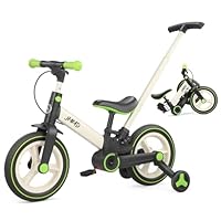 JMMD Balance Bike with Training Wheels and Pedals, Kids Push Bike with Adjustable Push Handle, Fun and Safe Toddler Tricycle for Boys and Girls with Brakes & Kickstand, Age18 Months-5 Years, Green