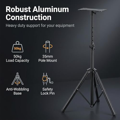 Image of HASTHIP Aluminum Tripod Speaker Stand, 90 to 180 cm Adjustable Speaker Mount Stand with Safety Lock Pin, Anti-wobbing Stable Foldable Tripod Base for DJ Live Events Home Theater Studio and Outdoor