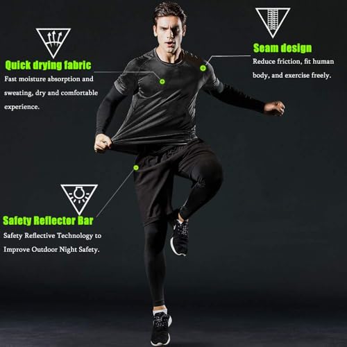 Herren Sport Laufset (5er Pack) Athletisches Shirt+Short/Kompressionsshirt+Hose mit Mantel Trainingsanzug Gym Anzüge Schwarz 03 L