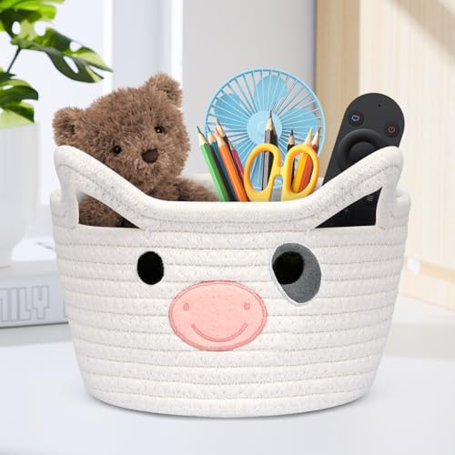 LSYDCARM Small Cow Woven Baskets, Round Cotton Rope Storage Baskets Toy Storage with Handle for Organizing, Cute Baby Basket for Nursery, Gift Basket for Baby Shower, Cat Dog Toy Storage Bins