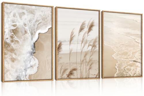 Aurlan Large Beach Wave Pampas Grass Framed Canvas Wall Art Set,Modern Coastal Sandy Grass Wall Decor,Beige Trendy Beach Landscape Artwork for Living Room,Bedroom,Bedroom -24"x36"x3