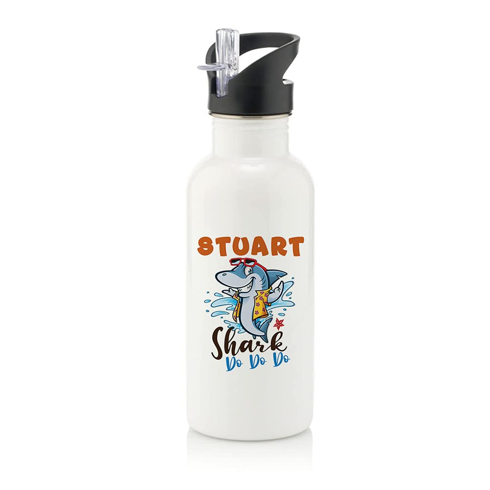 Giftme Boys White Personalised Shark Do Gift For Kids- Birthday Gift Back To School New Term Toddlers Stainless Steel 600Ml Water Bottle With Straw. (White)