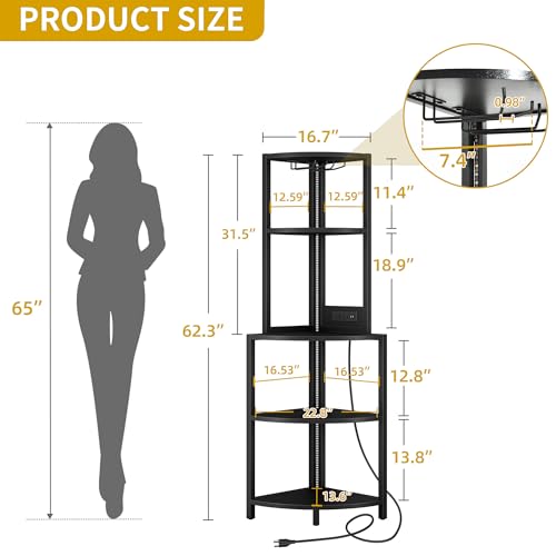 DWVO Corner Shelf with LED Lights & Bookshelf Glass Holder, 4 Tier Corner Wine Bar Rack, Large Wooden Corner's Bookshelf with Display Shelves for Living Room, Dining Room, Kitchen, Black