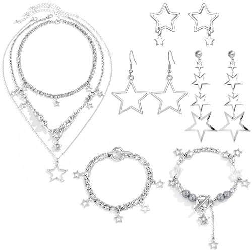 NEWITIN 11 Pieces Star Jewelry Set for Women Fashion Costume Jewels Pendant Star Necklace Bracelet Earrings Silver Jewelry Set for Women