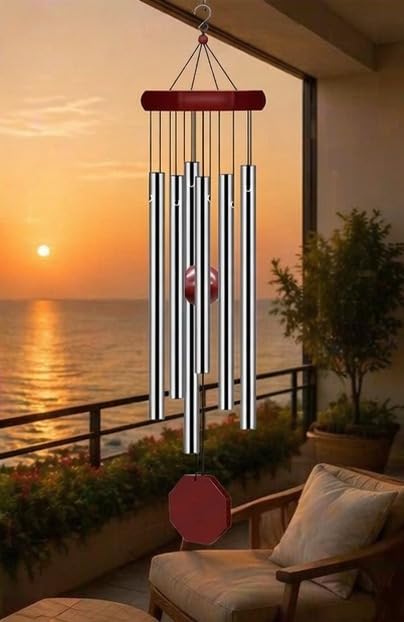 Wind Chime with 6 Aluminium Tubes, Silver and Dark Red, Classic Style, Wooden Top Platform, 28 Inches, Outdoor Decor-image-15