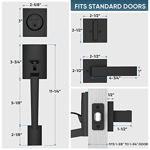 TICONN Double Front Door Handle Set, Heavy Duty Square Door Lever and Single Cylinder Deadbolt Combo for Side by Side Entrance Exterior Doors (Matte Black) by TICONN - Image 3
