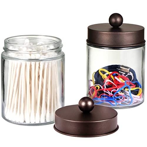 Amolliar Apothecary Jars Bathroom Storage Organizer - Cute Qtip Dispenser Holder Vanity Canister Jar Glass with Lid for Cotton Swabs,Rounds,Bath Salts,Makeup Sponges,Hair Accessories/Bronze (2 Pack)