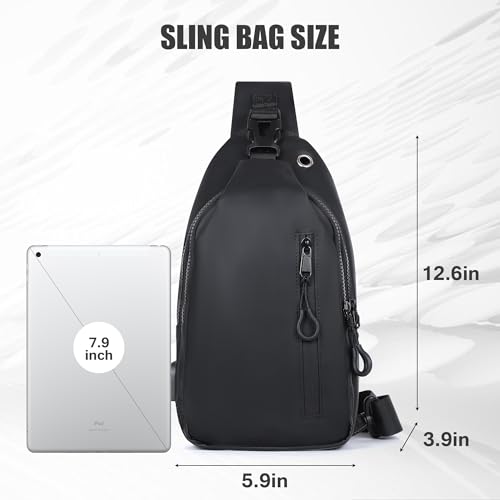 Sling Bag for Men, Waterproof Chest Pack with USB Charging Port and Headphone Hole, Adjustable Left/Right Shoulder Crossbody Bag for Travel, Sport, Hiking, Running,Black2