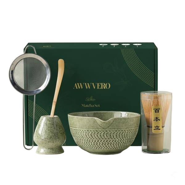 AWWVERO Matcha Set, Complete Matcha Kit with Bamboo Whisk, Ceramic Bowl, Spoon and Stand, Japanese Tea Ceremony Set for Cafe‑Style Matcha, Gift Ready(5, Matcha Colour)